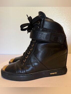 BALDININI 🇮🇹 Black Leather Gold Wedge Sneakers EU 37 Hidden Heel